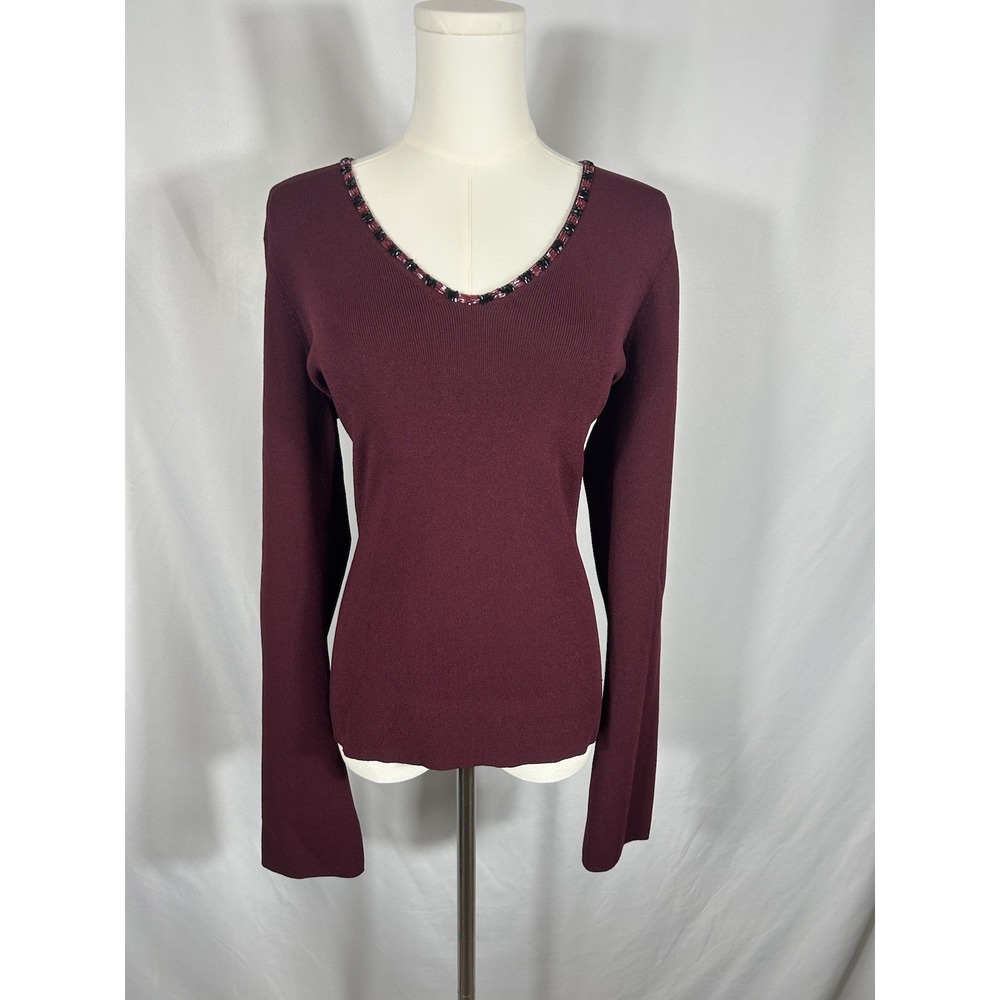 VTG Dark Ribbed Knit Sweater Top Size M Beaded Bell Sleeve Y2K Witchy Whimsigoth